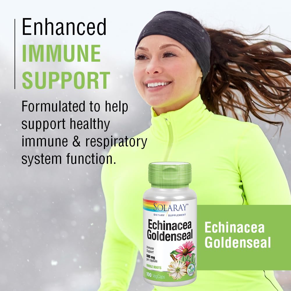 SOLARAY Echinacea Root & Goldenseal Root Supplement - 500 mg per Serving, Non-GMO, Vegan & Lab Verified - 100 Count VegCaps