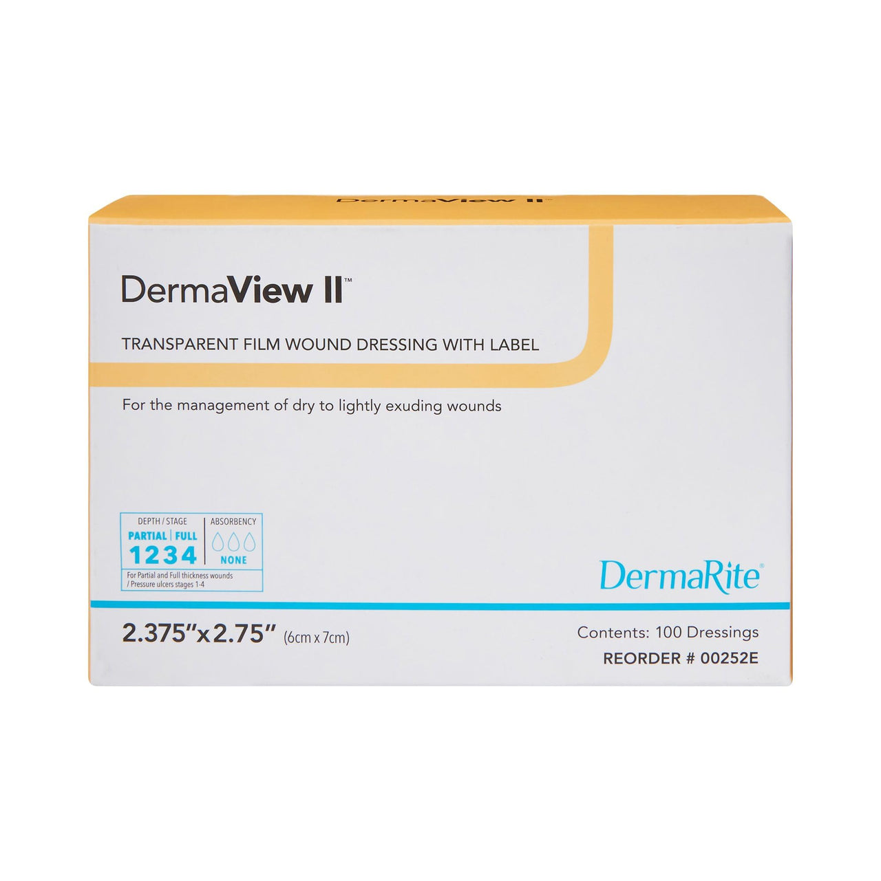 DermaRite's DermaView II, Transparent Film Dressing with Border - Frame Style Delivery, Sterile, Individually Wrapped, 2-3/7 in. x 2.75 in., 1 Count, 100 Packs, 100 Total