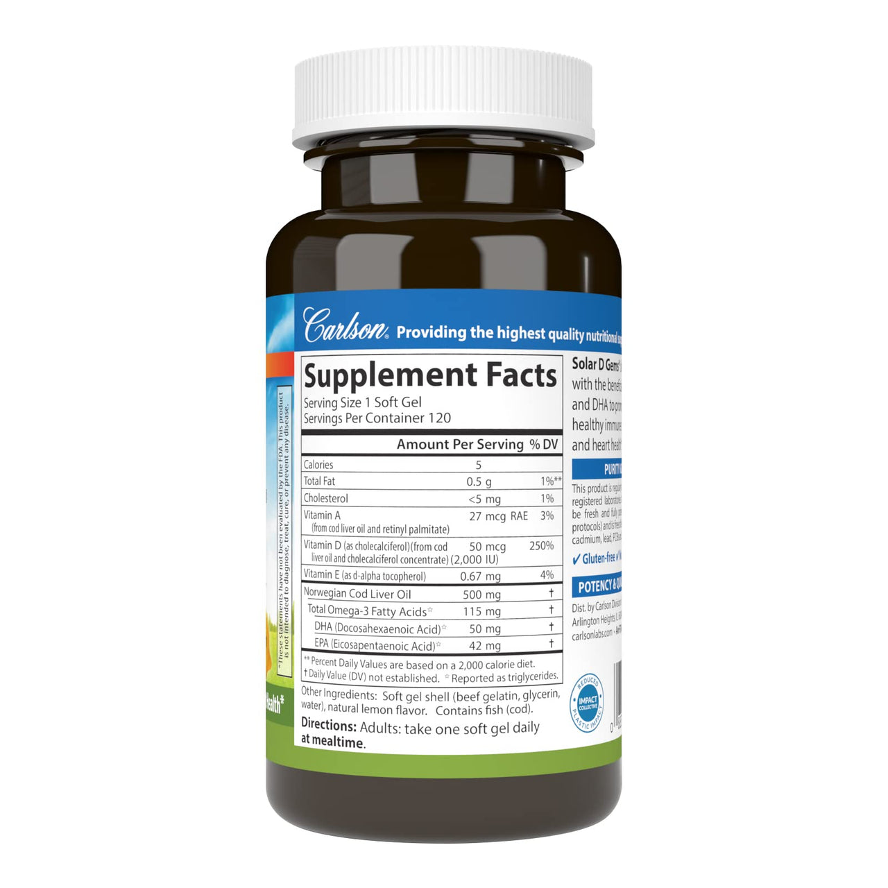 Carlson Labs Solar D Gems Natural Vitamin D3, 2000 IU, 120 Softgels
