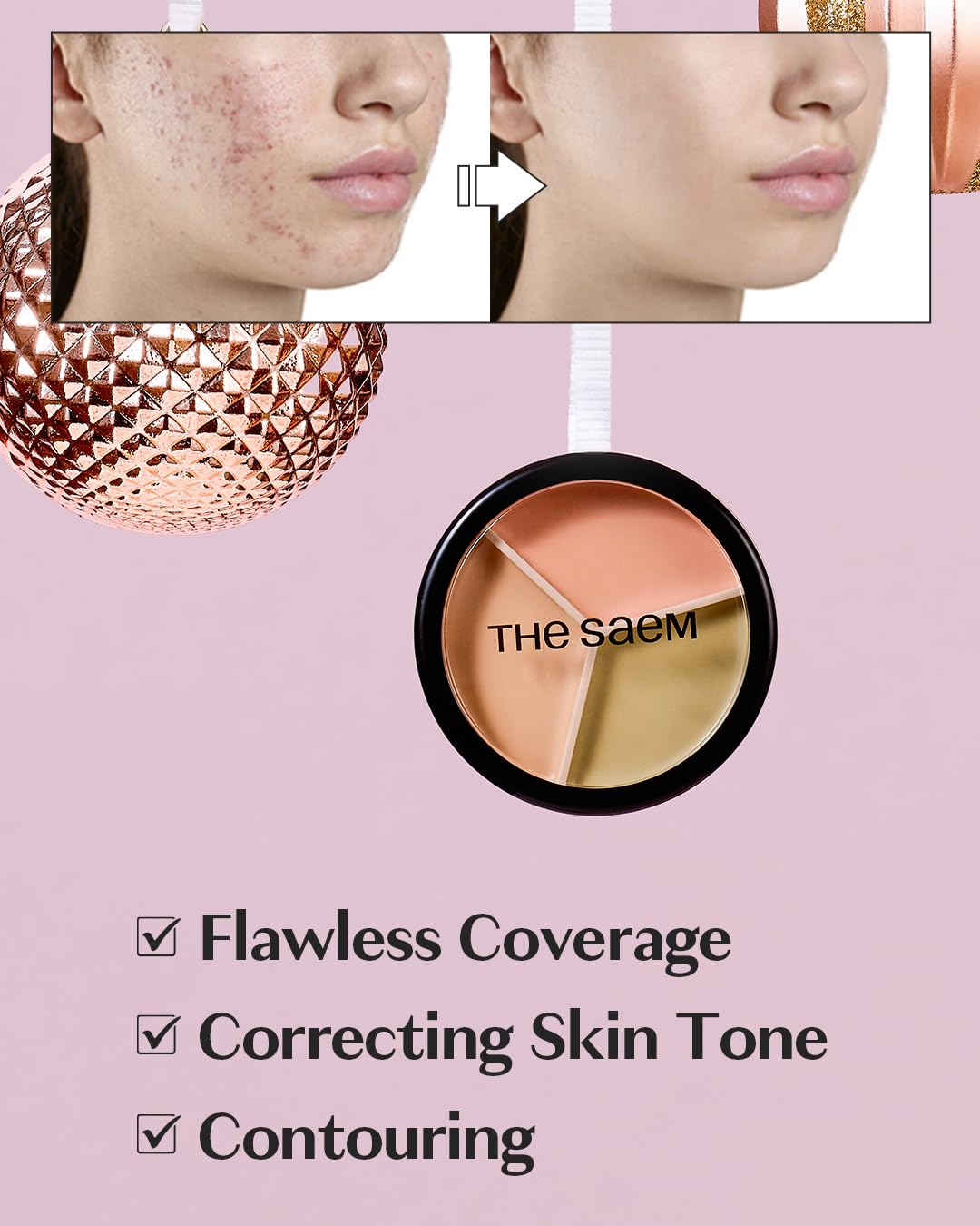 THE SAEM Cover Perfection Triple Pot Concealer - 3 Color Concealer with Clear Beige, Green & Peach Shades - Full Coverage to Correct & Conceal Redness, Dark Circles, 01 Correct Beige