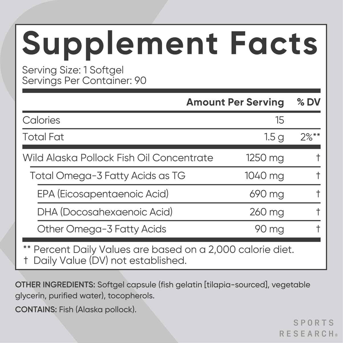 Sports Research Triple Strength Omega 3 Fish Oil - Burpless Fish Oil Supplement w/EPA & DHA Fatty Acids from Single-Source Wild Alaskan Pollock - 1250 mg, 90 ct
