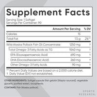 Thumbnail for Sports Research Triple Strength Omega 3 Fish Oil - Burpless Fish Oil Supplement w/EPA & DHA Fatty Acids from Single-Source Wild Alaskan Pollock - 1250 mg, 90 ct