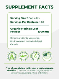 Thumbnail for PURA VIDA MORINGA Organic Moringa Capsules, Pure Moringa Leaf Powder Single Origin for Energy, Metabolism & Immune Support, 120ct, 500mg Caps