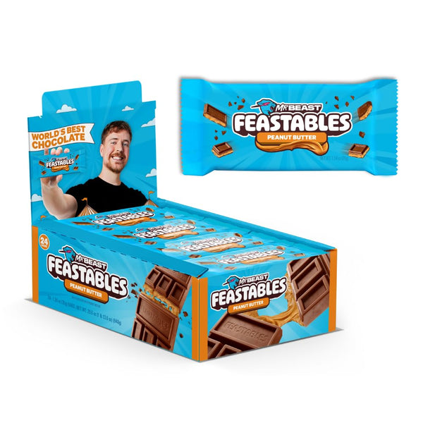 MrBeast Feastables Peanut Butter Milk Chocolate Bar, Full Size, 24 Count, Creamy Peanut Butter Filled Chocolate Candy, Fairtrade Cocoa, 1.24oz Each