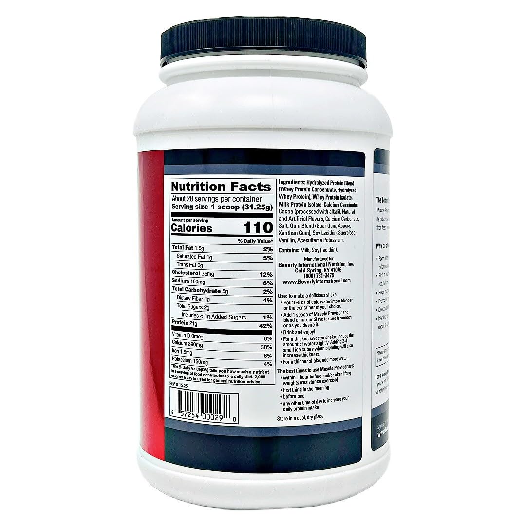 Beverly International Muscle Provider, 28 Servings, Chocolate. Super-Fast-Absorbing Whey Protein Powder for Recovery, Lean Muscle. Fills Your Muscles, not Your Stomach. Tastes Like ice Cream