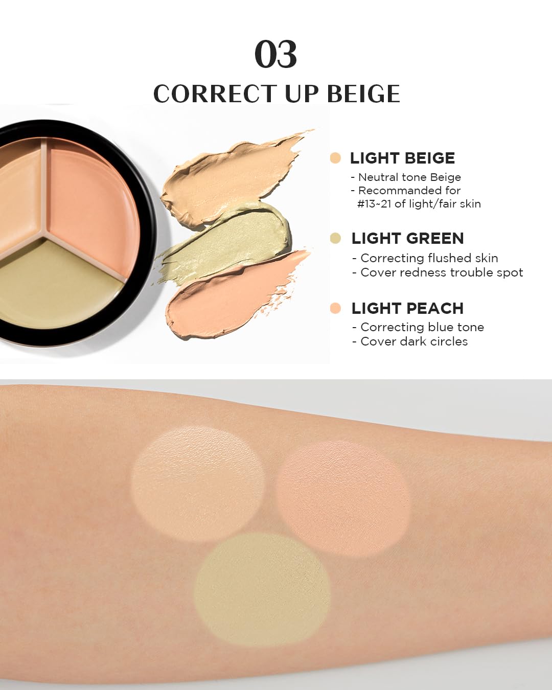 THE SAEM Cover Perfection Triple Pot Concealer 03 Correct Up Beige - for Fair to Light Skin Tone - 3 Color Full Coverage Concealer - Covers Blemishes Spots, Dark Circles, Redness Skin