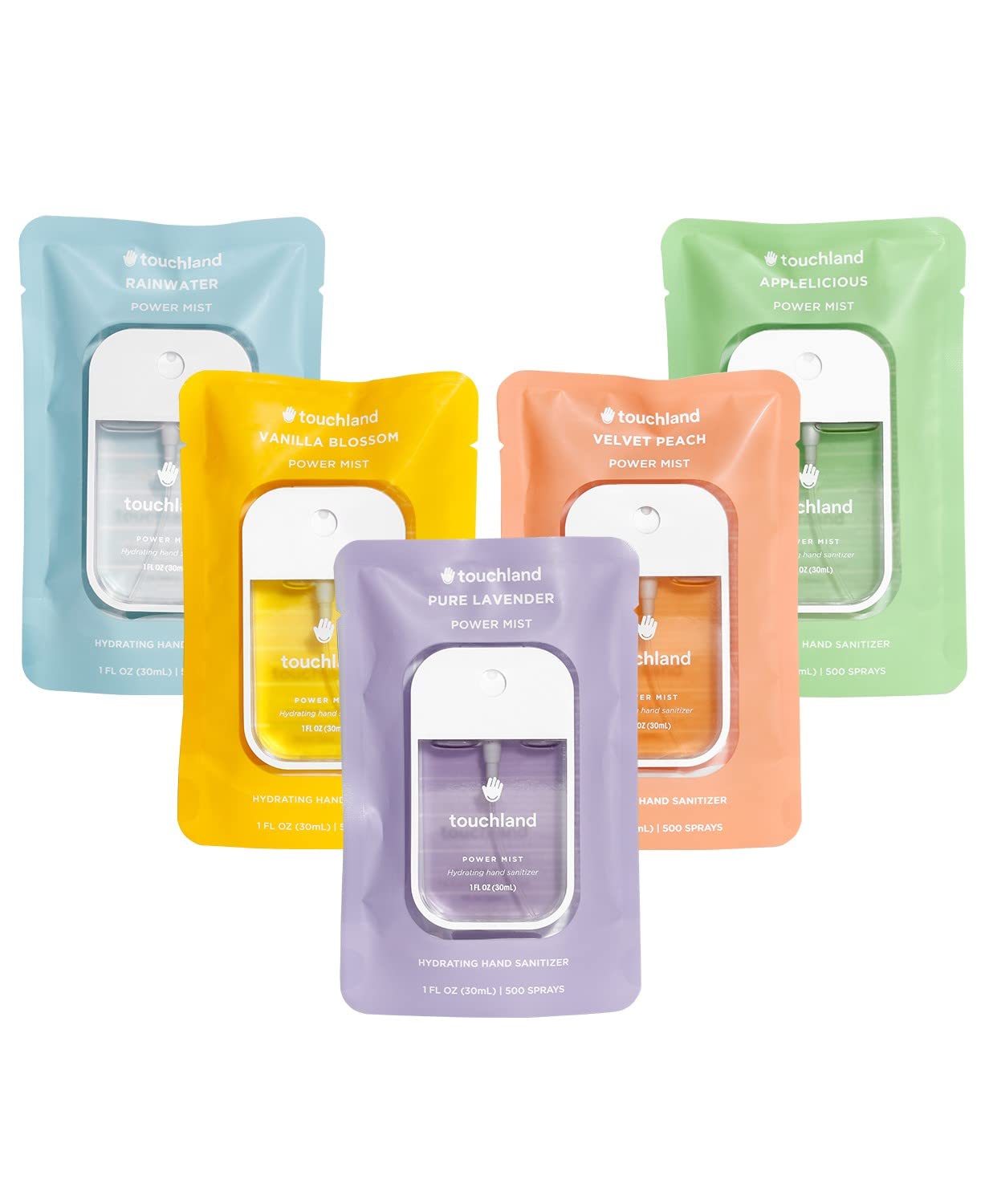 Touchland Hydrating Hand Sanitizer Spray, BLOSSOM 5 Set (Lavender, Vanilla, Rainwater, Peach, Applelicious), 1 FL. OZ. Travel Size Power Mist Sprays (Set of 5)