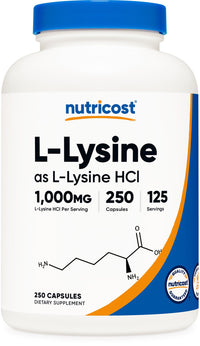 Thumbnail for Nutricost L-Lysine 1000mg, 250 Capsules - 500mg Per Cap, Gluten Free, Non-GMO