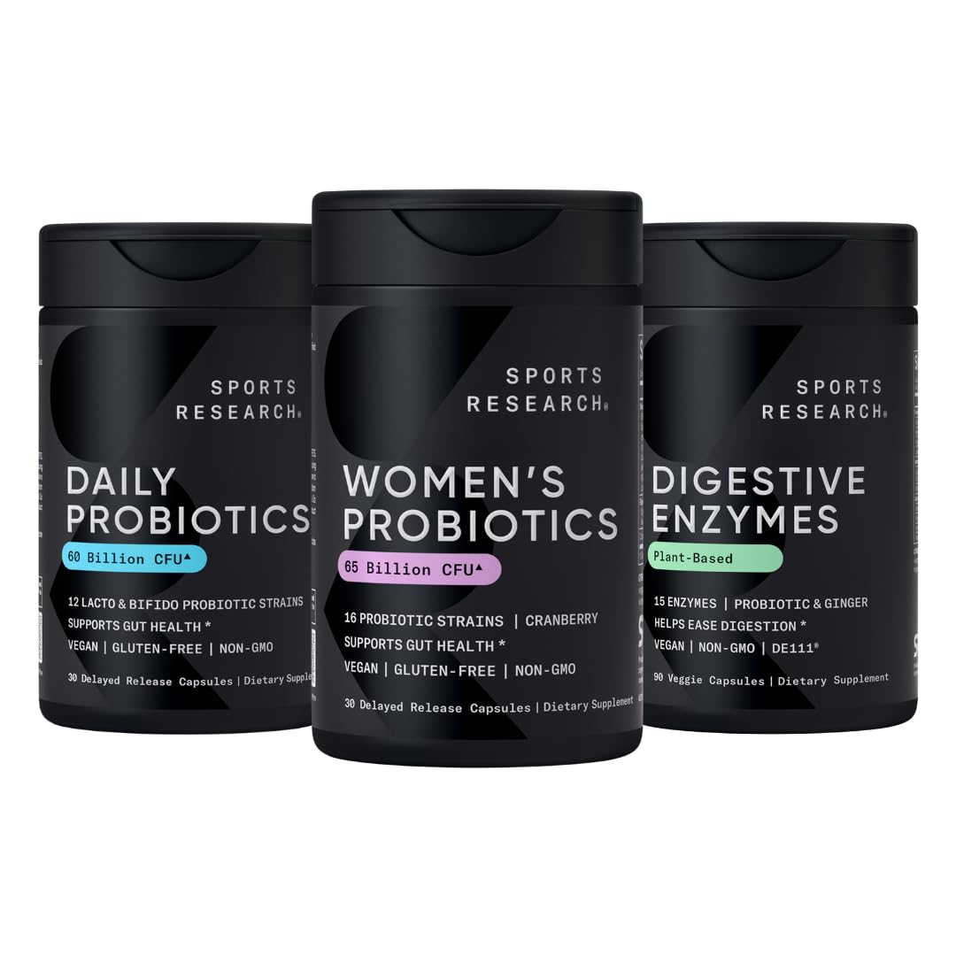 Sports Research® All Vegan - Daily Probiotics with Prebiotics (60 Billion CFU), Digestive Enzymes with & Ginger (Plant Based) & Women's Probiotics with Prebiotics (65 Billion CFU)
