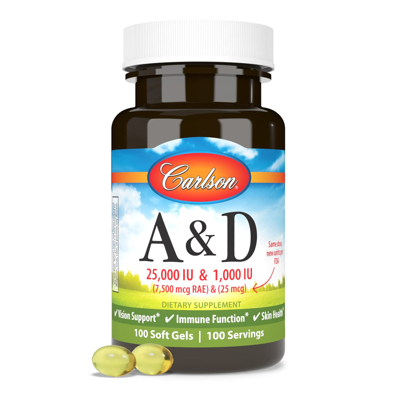 Carlson - A & D, 25000 IU (7500 mcg RAE) Vitamin A, 1000 IU (25 mcg) Vitamin D, Vision Support, Skin Health, 100 Softgels