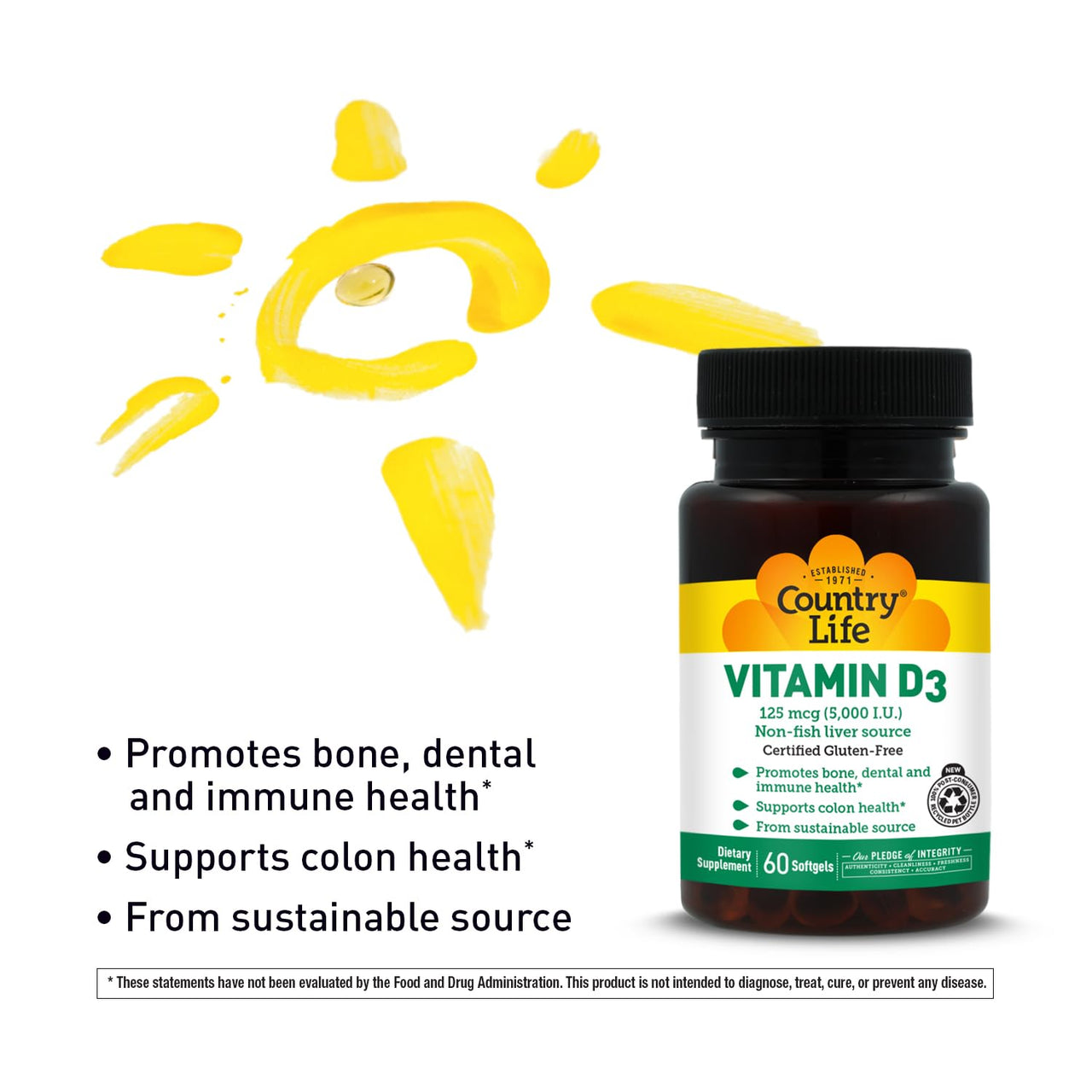 Country Life, Vitamin D3 5000 IU, Supports Healthy Bones, Teeth and Immune System, Daily Supplement, 60 ct