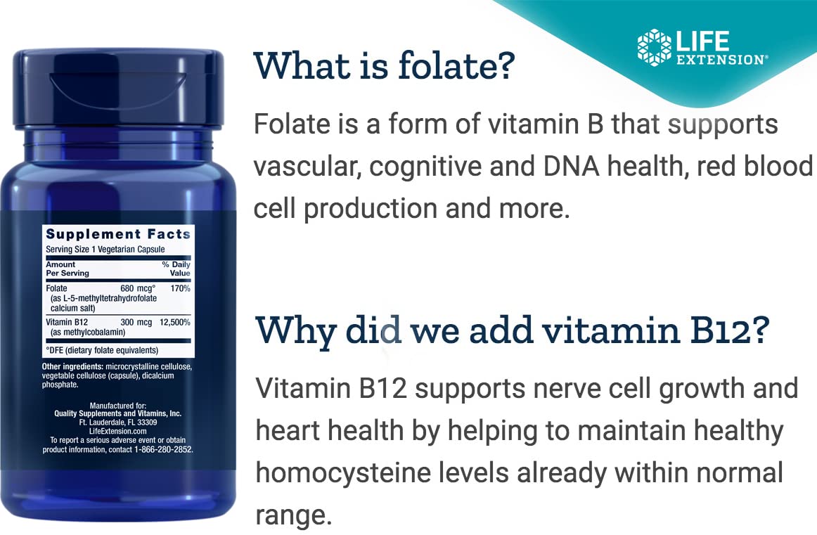 Life Extension BioActive Folate & Vitamin B12, 150 Vegetarian Capsules - Non GMO, Gluten Free Supplement