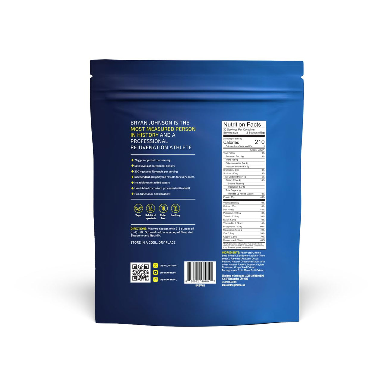 Blueprint Bryan Johnson Longevity Protein Nutty Pudding - 26g Plant Protein, Non Dairy, 100% Pure Cocoa Powder - Grape Seed Extract - 7.5% Flavanols - Heavy Metal Tested - Vegan, Keto (30 Servings)