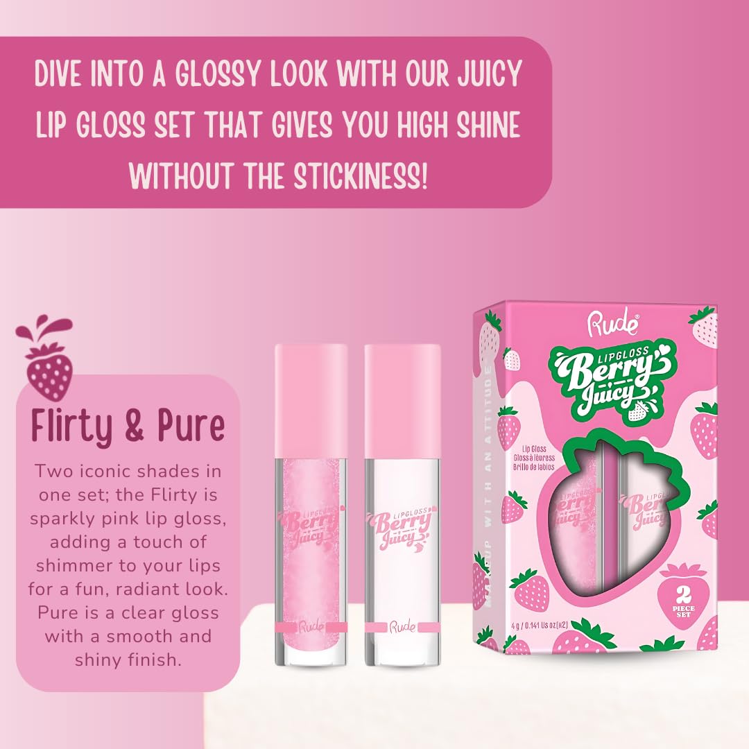 RUDE Cosmetics Berry Juicy Lip Gloss Duo, High Shine Lip Glosses Set, Moisturizing & Hydrating Lipgloss, Ideal for Day & Night Makeup Looks, Pure & Flirty