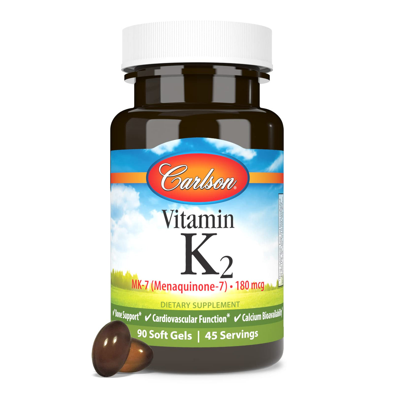 Carlson - Vitamin K2 MK-7 (Menaquinone), 180 mcg, Bone Support, Calcium Bioavailability, K2 Vitamin, Vitamin K-2, 90 Softgels