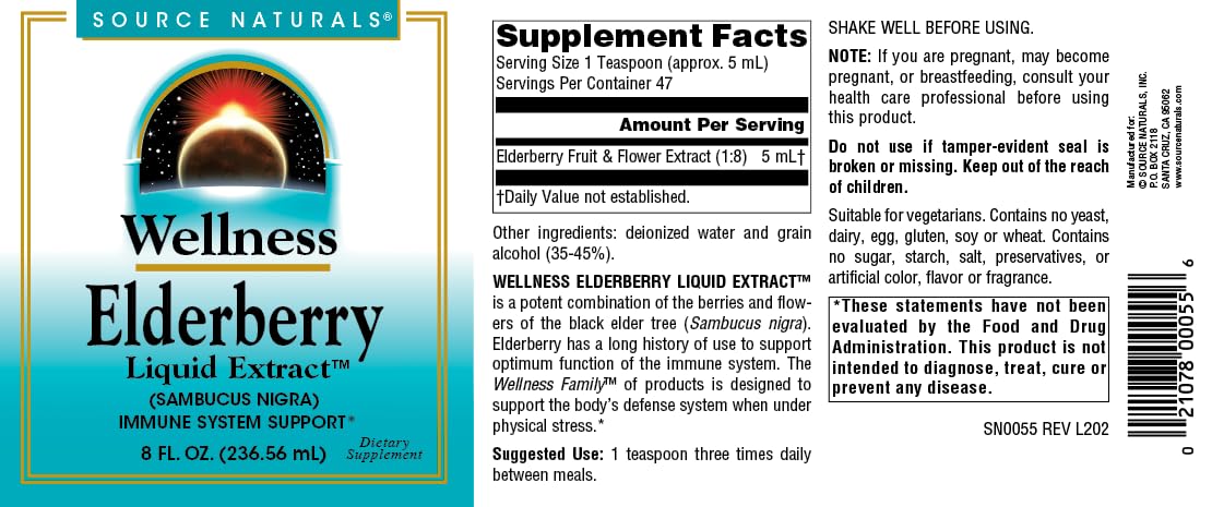 Source Naturals Wellness Elderberry Liquid Extract for Immune System Support - Sambucus nigra - 8 Fluid oz