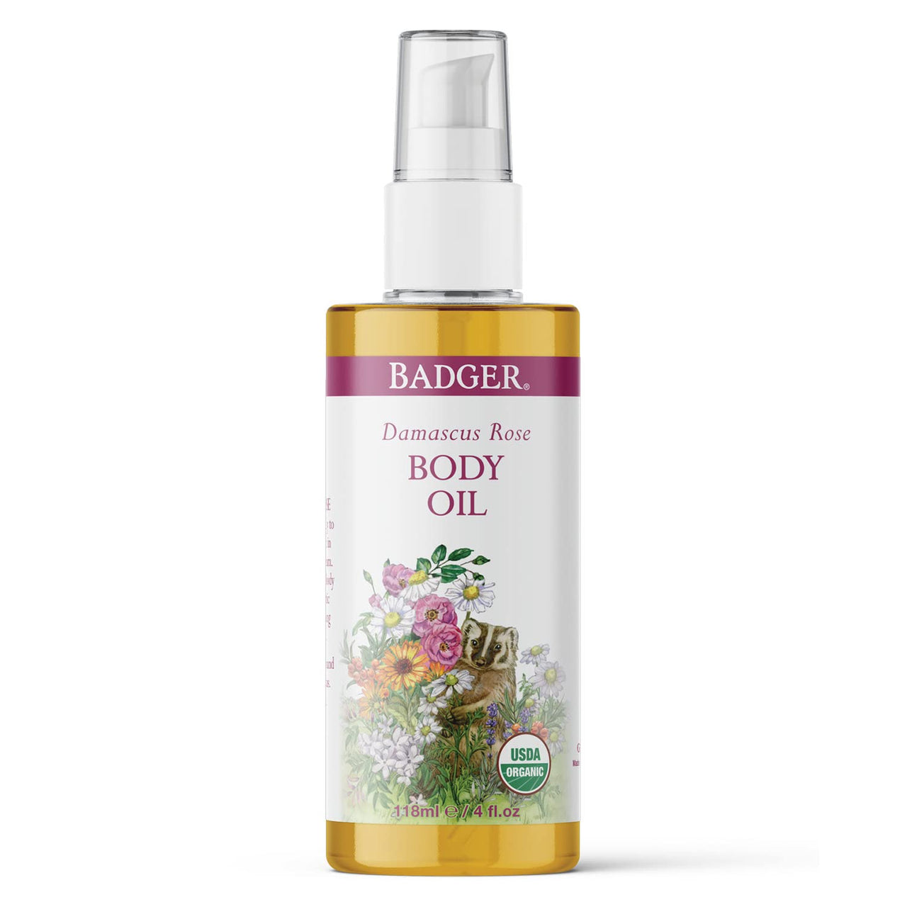 Badger Rose Body Oil, 100% Organic Rose Scented Body Oil, All Natural Body Moisturizer, Organic Jojoba & Rose Oils Soothe Dry Skin, 4 fl oz Glass Bottle