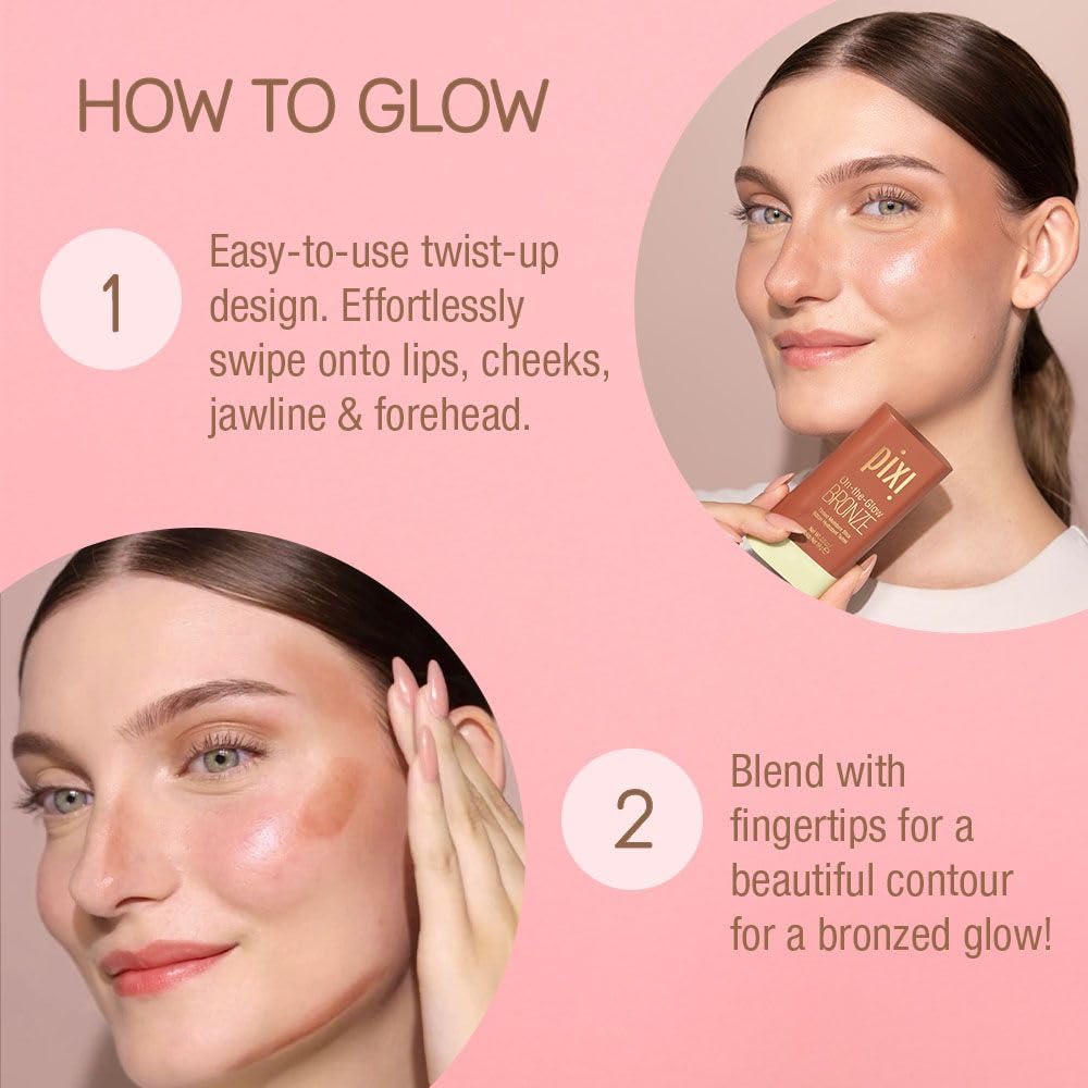 Pixi On-the-Glow Bronze - WarmGlow, Hydrating Tinted Moisture Bronzer Stick with Ginseng, Aloe Vera & Fruit Extracts, For Cheeks & Lips, 19g / 0.6oz, Paraben-Free