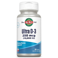 Thumbnail for KAL Ultra Vitamin D3 10000 IU 250 mcg, High Potency Vitamin D Tablets, Calcium Absorption, Bone Health and Immune Support Supplement, Rapid Disintegration D-3 ActivTabs, 120 Servings, 120 Tablets