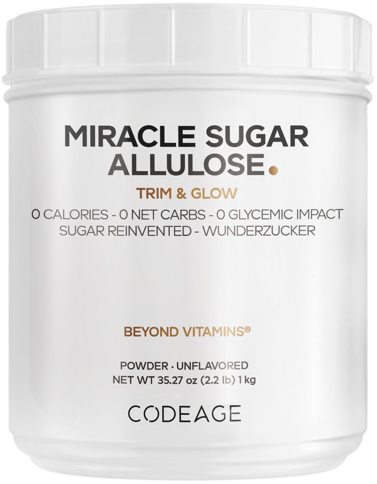 Codeage Miracle Sugar Allulose Powder - All-purpose Zero Calorie Allulose Sweetener, +3 Month Supply - 0 Net-Carbs - Rare Sugar Alternative to Stevia, Aspartame & Liquid - Non-GMO - 35.27 Oz