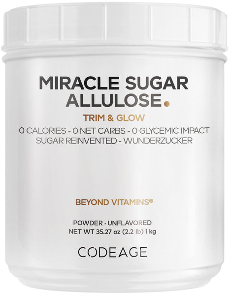 Codeage Miracle Sugar Allulose Powder - All-purpose Zero Calorie Allulose Sweetener, +3 Month Supply - 0 Net-Carbs - Rare Sugar Alternative to Stevia, Aspartame & Liquid - Non-GMO - 35.27 Oz