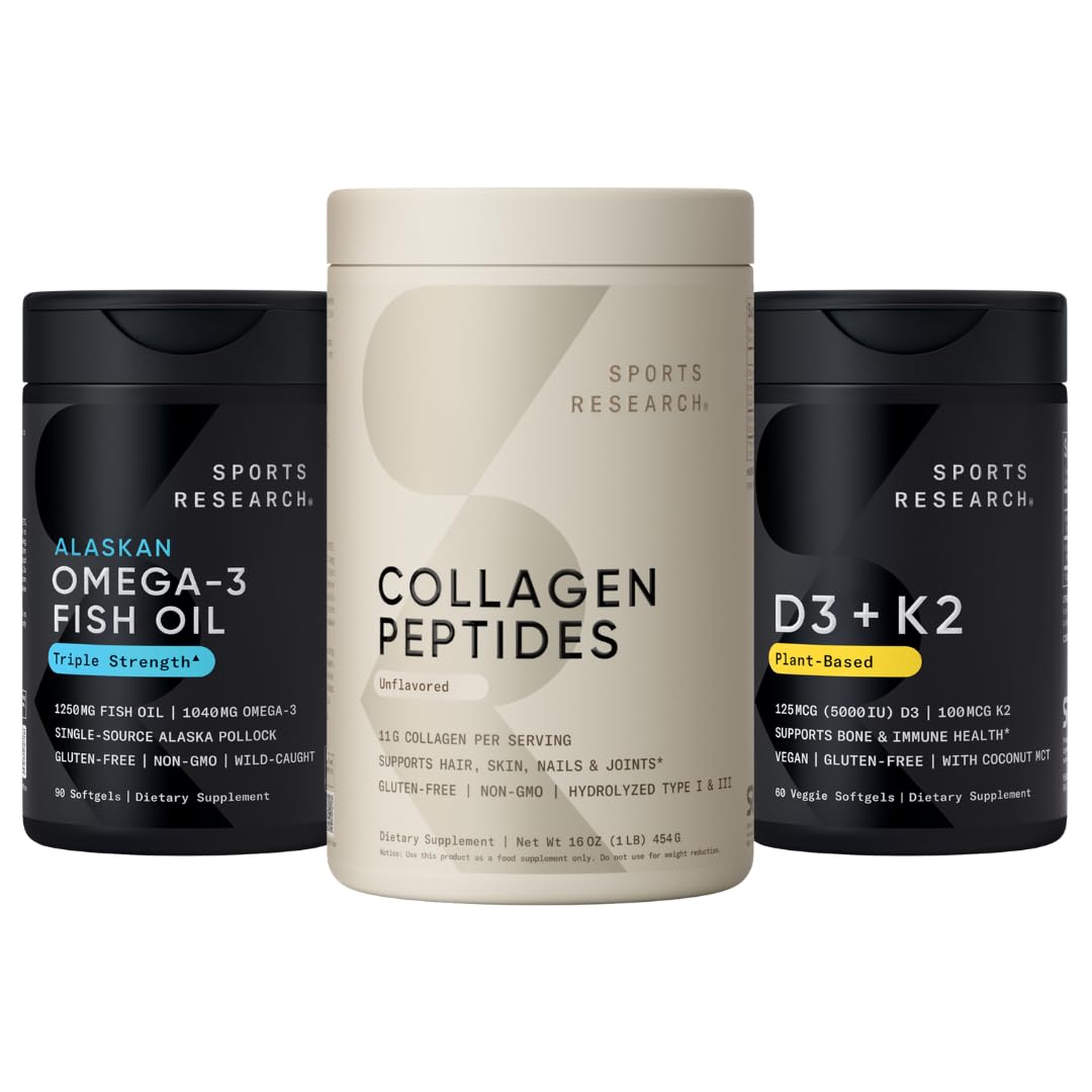 Sports Research® Multivitamins Pack - Hydrolyzed Type 1 & 3 Collagen Powder Protein, Wild Alaskan Pollock Omega-3 Fish Oil 1250mg & 5000 IU Vitamin D + 100mcg Mk7 Vitamin K