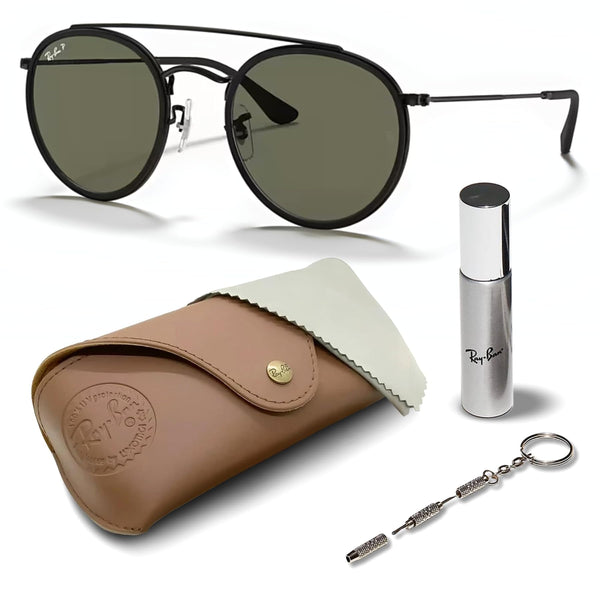Ray-Ban RB3647N ROUND DOUBLE BRIDGE POLARIZED Round Shaped Sunglasses for Men & Women – Includes Official Rayban Eyewear Kit – Ideal Formal & Casual Wear Sunglasses – G-15 Green Lens