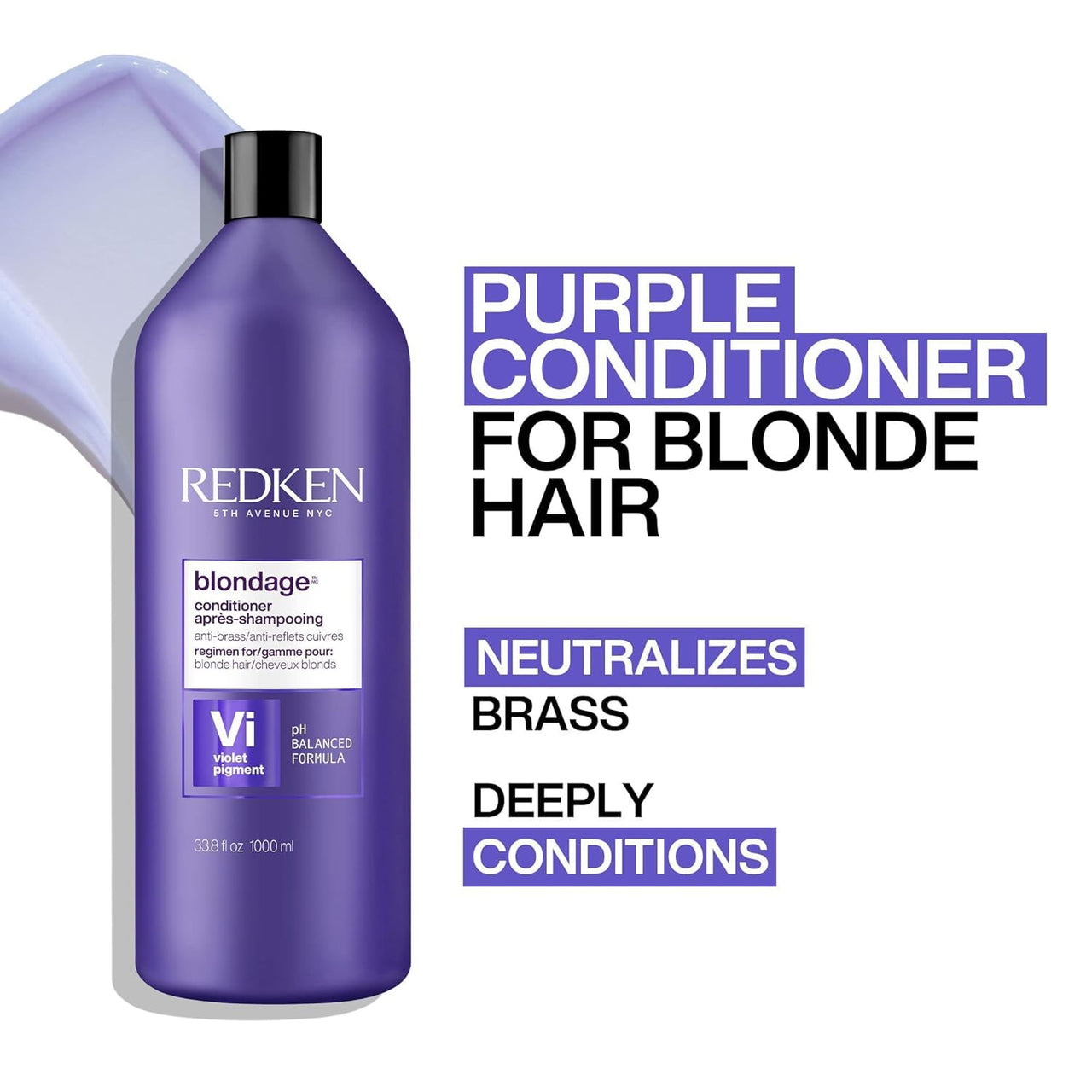 Redken Blondage Color Depositing Purple Conditioner | For Blonde Hair | Neutralizes Brass & Moisturizes Hair | With Pure Violet Pigments | 33.8 Fl Oz