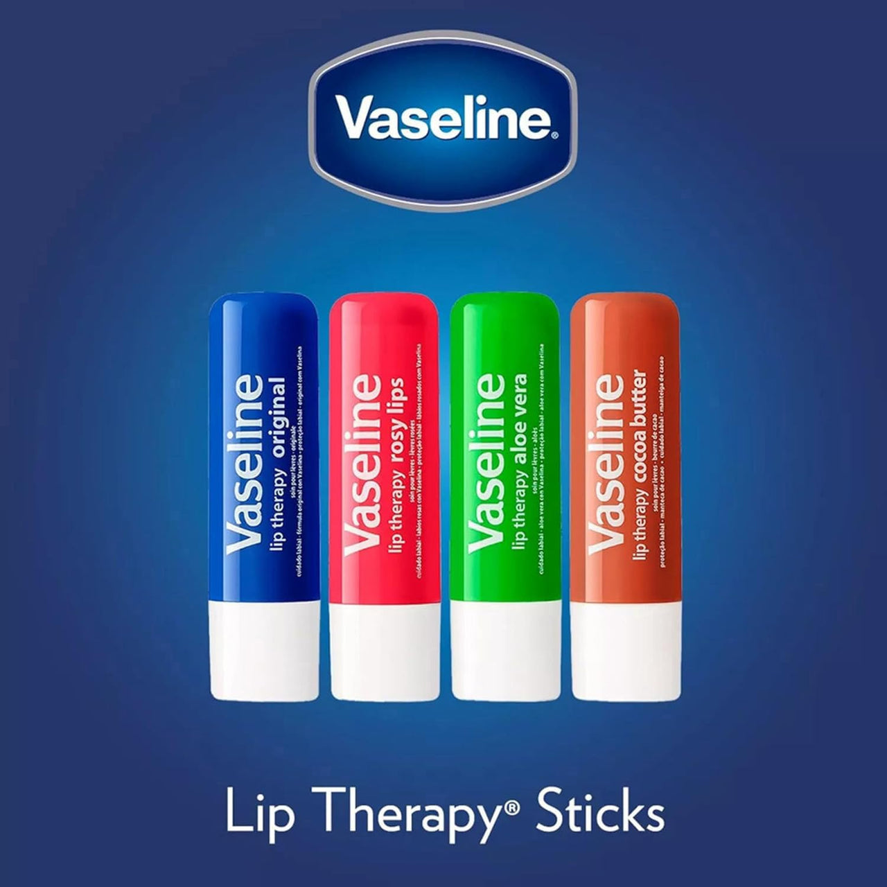Vaseline Lip Therapy Variety 4-Pack – Rosy Lips + Cocoa Butter Moisturizing Lip Balm with Vitamin E, 0.16 Oz Ea