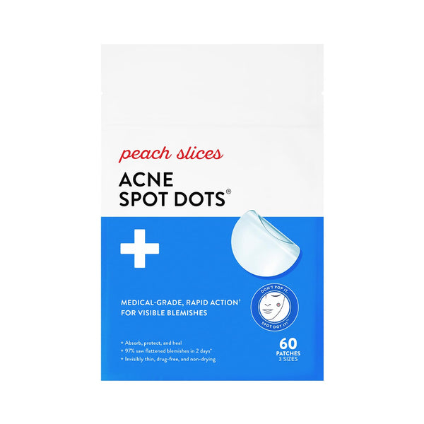 Peach Slices - Acne Spot Dots (60 ct) - Hydrocolloid Pimple Patches for Face - Absorb Gunk, Protect Picking & Support Healing - 3 Sizes (7, 10, & 12mm) - Vegan, Cruelty Free, Korean Skin Care & Beauty