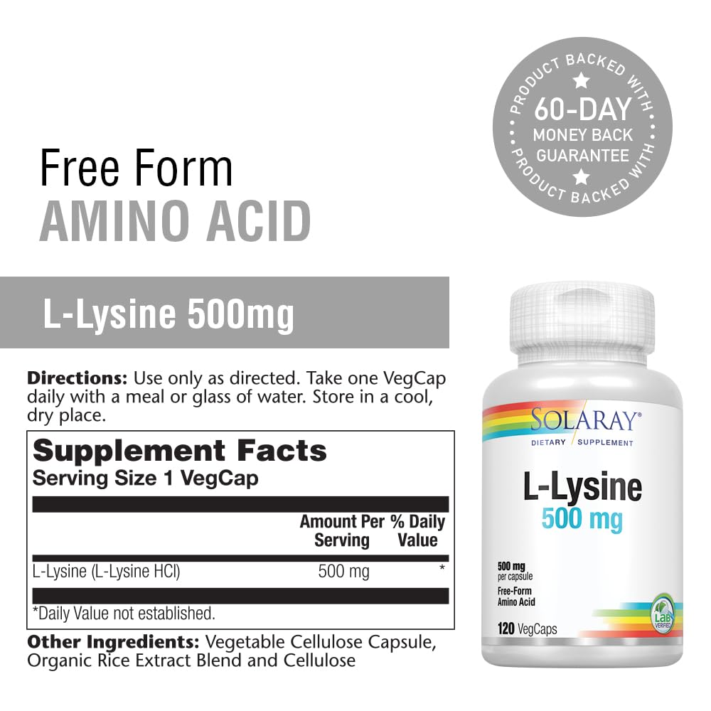 SOLARAY L Lysine 500 mg Capsules - Free-Form Essential Amino Acids Supplement - Powerful Wellness Support with L-Lysine Amino Acid - Lab Verified, 60-Day Guarantee, 120 Servings, 120 VegCaps