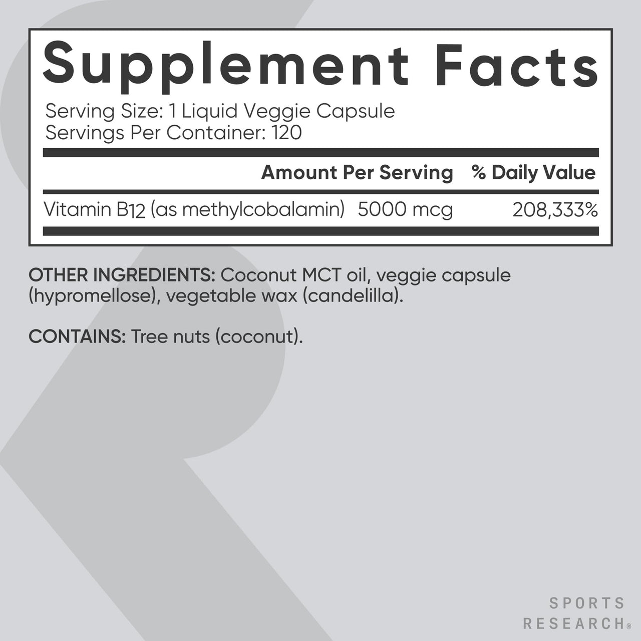 Sports Research® Vitamin B12 as Methylcobalamin 5000mcg - High Potency Vegan B12 w/Coconut MCT Oil for Energy Metabolism Support - Vegan Certified · Non-GMO · Gluten Free - 120 Liquid Caps