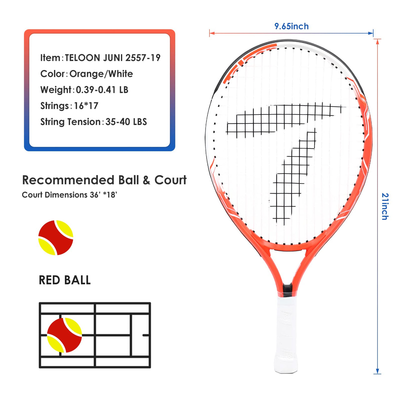 Teloon Kids Tennis Racket, 19"-25" Inch Youth Tennis Racquet with Cover, Junior Tennis Racquet for Kids Children Boys Girls Age 3-12. (Orange, 19)
