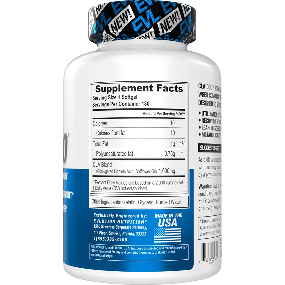 Conjugated Linoleic Acid CLA Pills - CLA 1000mg Diet Pills to Support Weight Loss Fat Burning Lean Muscle and Faster Metabolism - Stimulant-Free CLA 1000mg Safflower Based Fat Loss Support Pills - 180