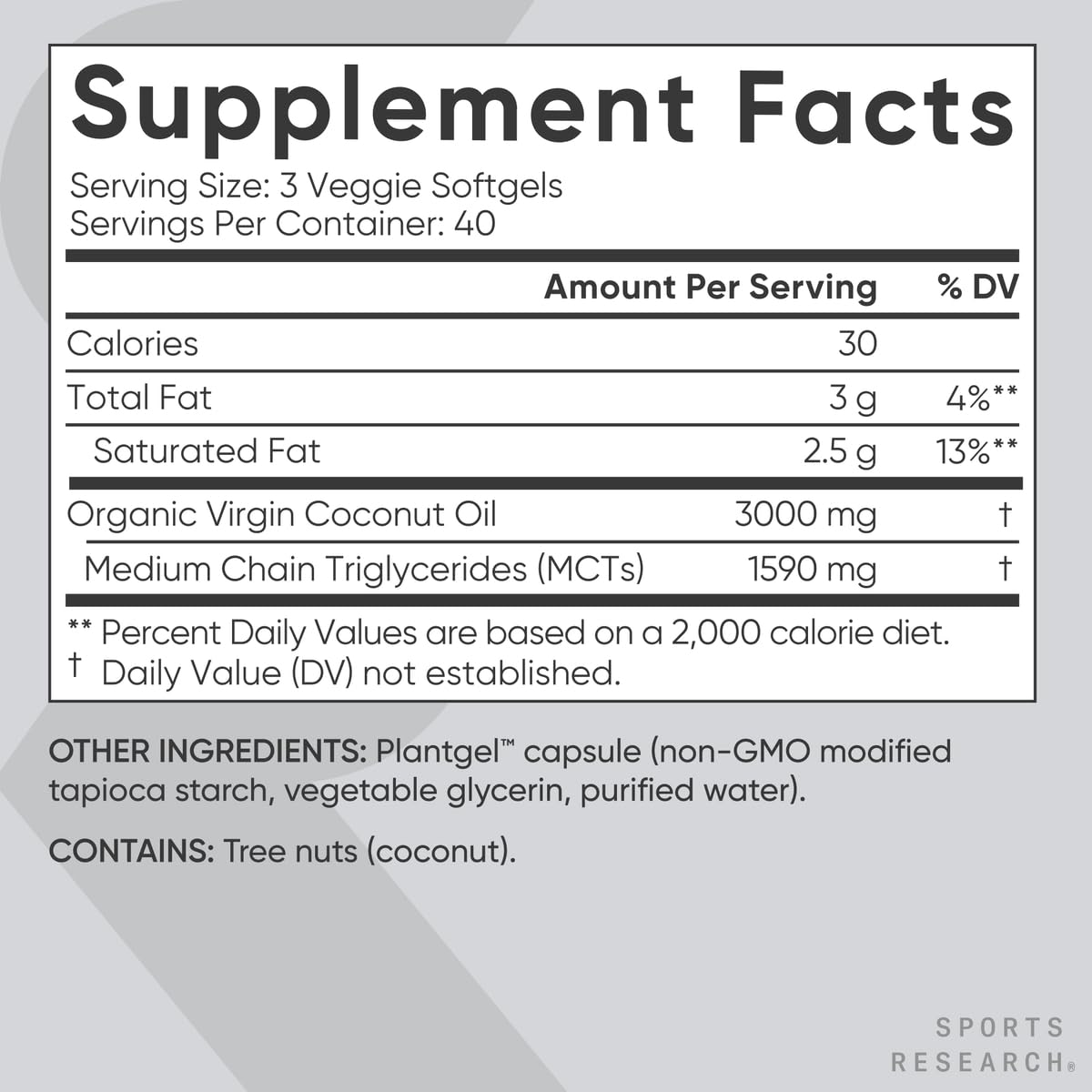 Sports Research® Organic Coconut Oil Capsules 3000MG - Cold Pressed Extra Virgin Coconut Oil with Medium Chain Triglycerides (MCTs) - Vegan Friendly & Non-GMO Verified - 120 Softgels