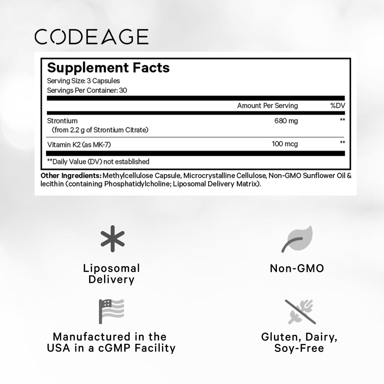 Codeage Liposomal Strontium Supplement - Strontium Citrate, Vitamin K2 MK-7, Liposomal Delivery, Non-GMO, Gluten-Free - 90 Capsules