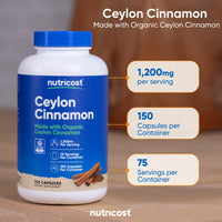 Thumbnail for Nutricost Organic Cinnamon (Ceylon Cinnamon) 1,200mg Serving, 150 Capsules - Gluten Free, Non-GMO
