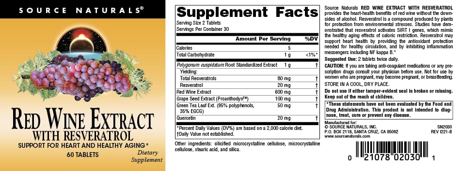 Source Naturals Red Wine Extract with Resveratrol, Suport for Healthy Aging* - 60 Tablets