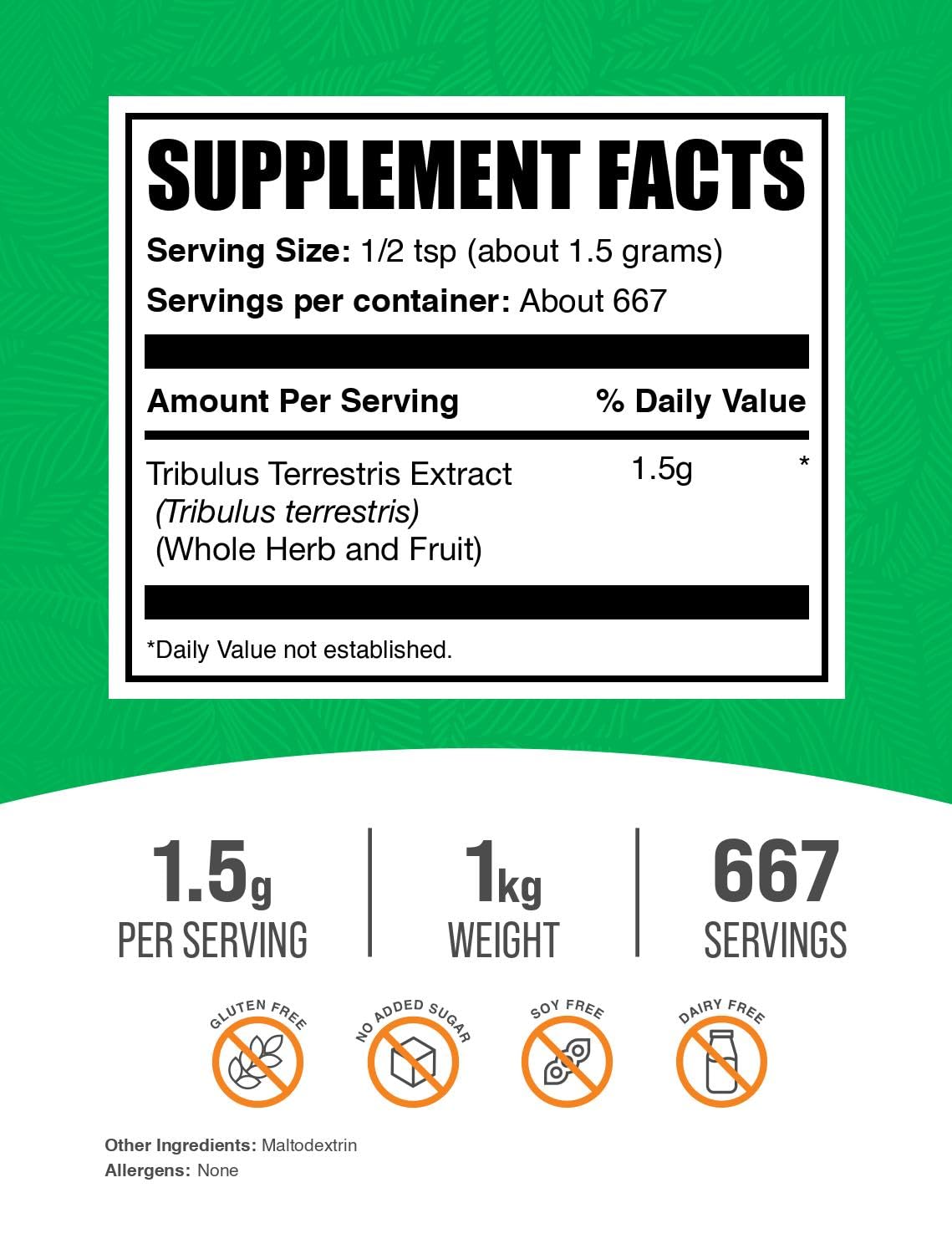 BulkSupplements.com Tribulus Terrestris Extract Powder - Tribulus Terrestris Supplements, Herbal Supplement - Gluten Free, 1.5g per Serving, 1kg (2.2 lbs) (Pack of 1)