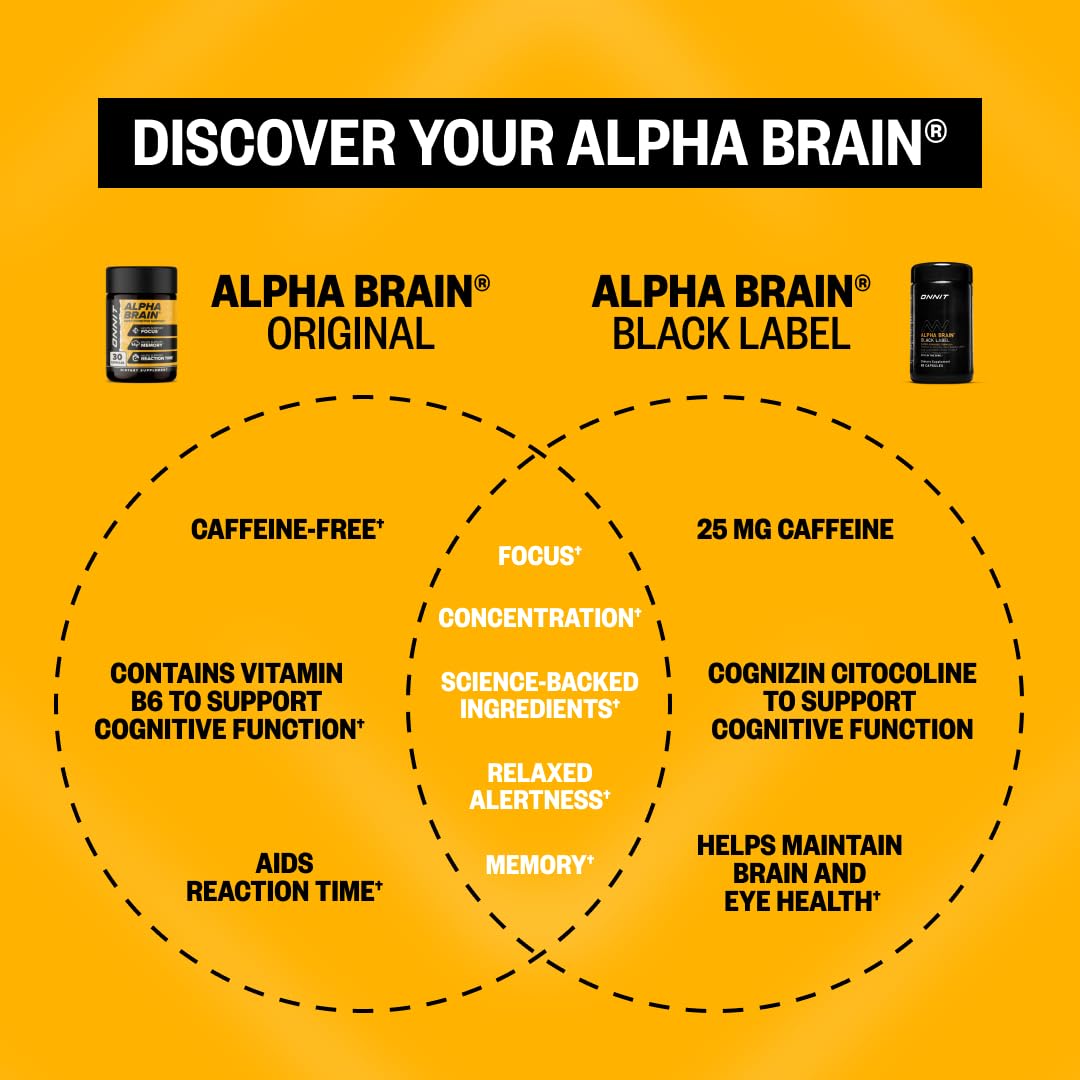 ONNIT Alpha Brain Black Label Capsules, IGEN Non-GMO Tested Citicoline Brain Supplement for Concentration and Memory, Lion’s Mane, Lutemax Lutein, L Theanine and Mucuna Pruriens, 80 Count