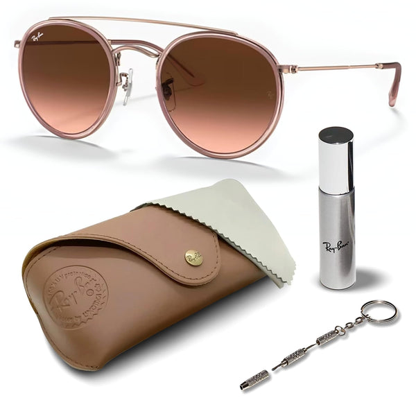Ray-Ban RB3647N ROUND DOUBLE BRIDGE Round Shaped Non-Polarized Sunglasses for Men & Women – Includes Official RAYBAN Eyewear Kit – Ideal Formal & Casual Wear Sunglasses – Brown Gradient Lens