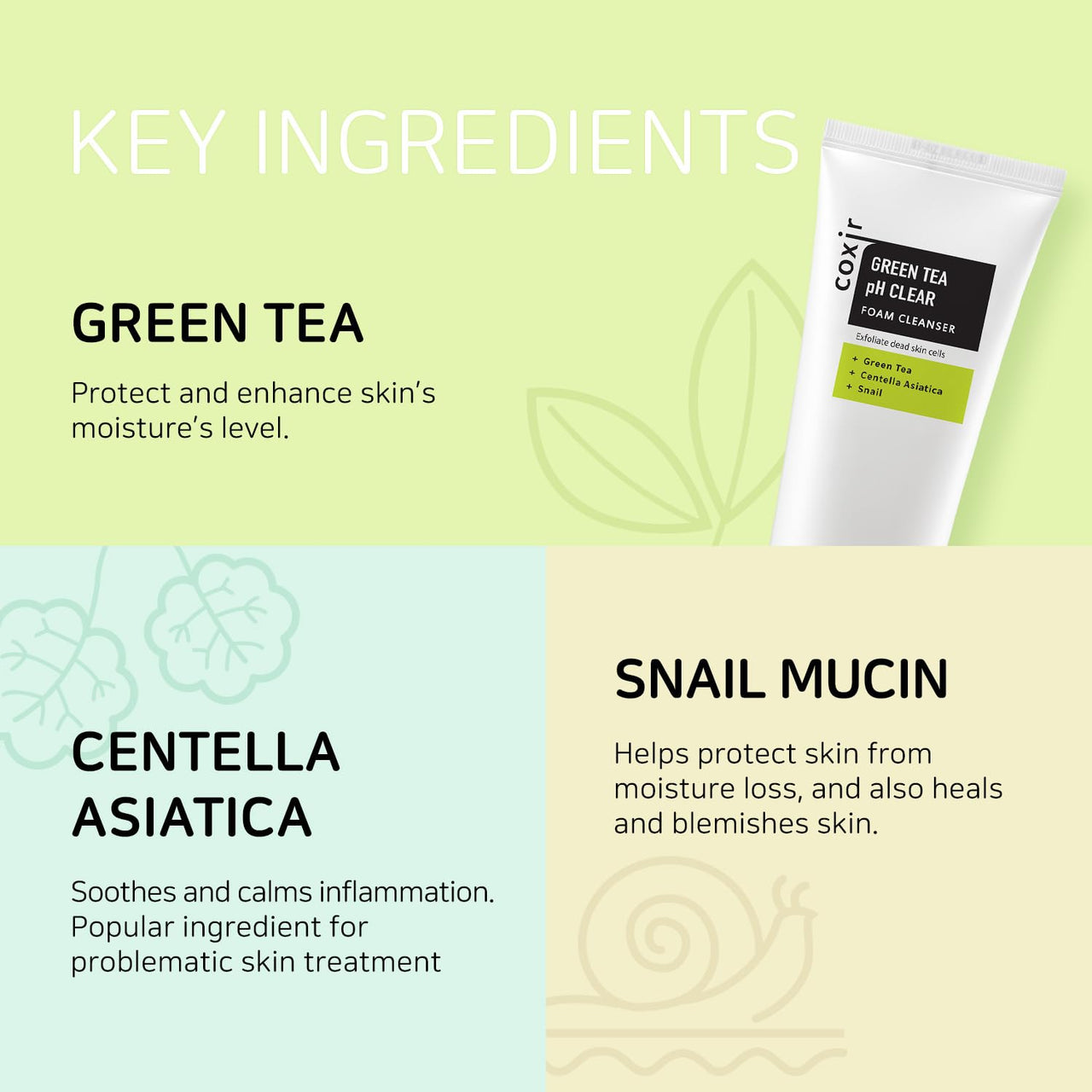 coxir GREENTEA PH CLEAR FOAM CLEANSER 5.07 Fl Oz l Low pH Formula Facial Washes with Gentle Exfoliating l deep cleanses pores and remove dead skin cells on skin,Korean skincare