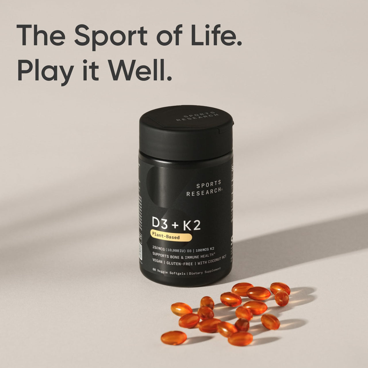 Sports Research® Vitamin D3 + K2 with 10,000iu of Plant-Based D3 & 100mcg of Vitamin K2 as MK-7 | Non-GMO Verified & Vegan Certified 60ct