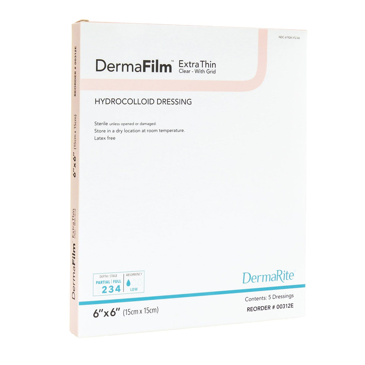 DermaRite's DermaFilm Thin, Hydrocolloid Wound Dressing - with Border and Conformable Film Backing, Promotes Healing - 6 in. x 6 in., 1 Count, 5 Packs, 5 Total