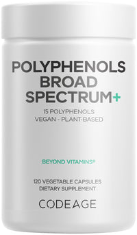 Thumbnail for Codeage Polyphenols Broad Spectrum Supplement - Blend of 15 Berries, Fruits, and Botanical Extracts, Decaf Green Tea Leaf, Quercetin, Resveratrol, Pomegranate, Turmeric - Non-GMO - 120 Capsules