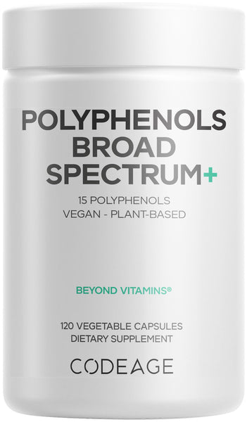 Codeage Polyphenols Broad Spectrum Supplement - Blend of 15 Berries, Fruits, and Botanical Extracts, Decaf Green Tea Leaf, Quercetin, Resveratrol, Pomegranate, Turmeric - Non-GMO - 120 Capsules