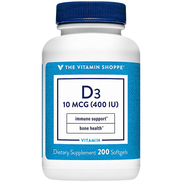 The Vitamin Shoppe Vitamin D3 400IU - Bone Immune & Cellular Health | Cholecalciferol Softgels | 200 Softgels | Gluten-Free