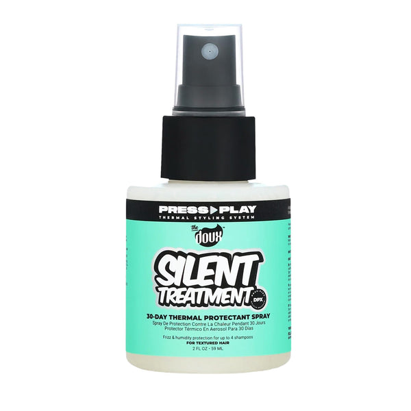The Doux SILENT TREATMENT Anti-Frizz Heat Protectant Spray for Curly Hair – 30-Day Humidity Shield Hairspray with Keratin & Corn Starch – Travel Size Hair Styling Spray, 2 oz