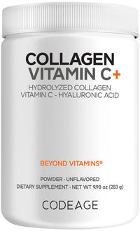 Thumbnail for Codeage Collagen Peptides Powder + Vitamin C - 20g Grass-Fed Collagen Per Serving - Digestive Enzymes, Hyaluronic Acid, 18 Amino Acids - Hydrolyzed Collagen Protein - Non-GMO, Unflavored - 9.98 oz