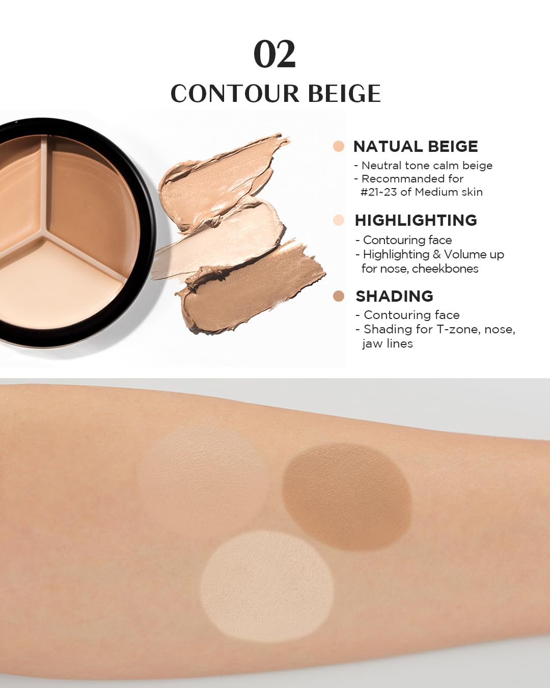 THESAEM Cover Perfection Triple Pot Concealer - 02 Contour Beige for 3D Facial Contouring - 3-Color Multi Concealer Palette with Shading & Highlighting - Korean Makeup with Sweet Almond Oil